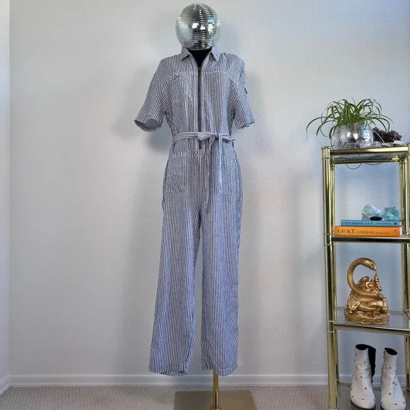 Anthro Cartonnier Blue and White Railroad Stripe Utility Jumpsuit, Size Medium - Picture 2 of 16